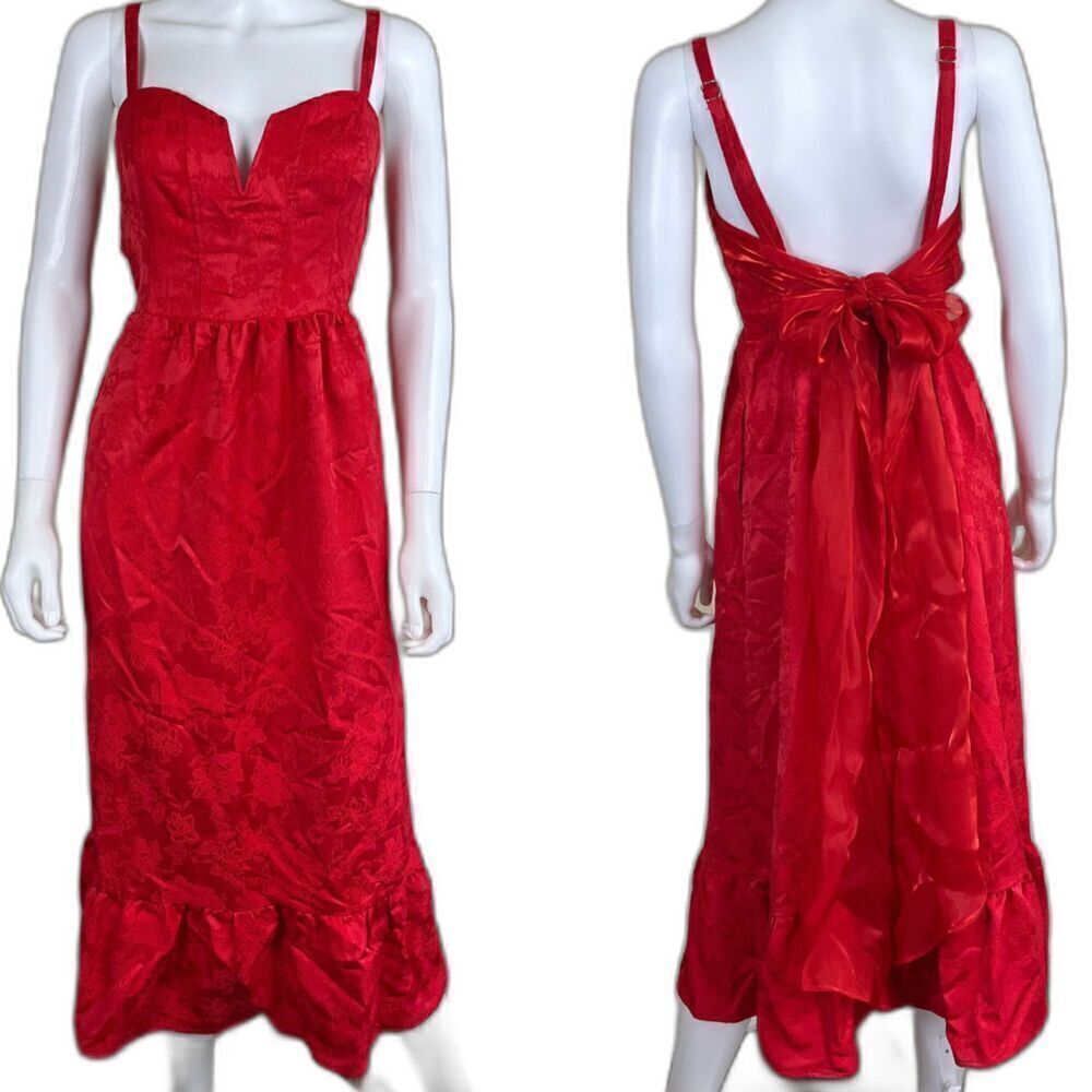 Lulus Women's Size L Major Perfection Red Floral Jacquard Midi Dress NEW Pockets